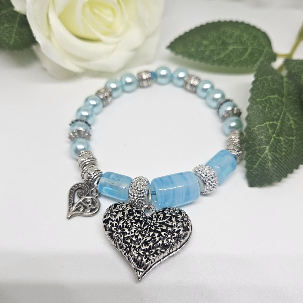 Silver and Blue Heart Charm Stretch Bracelet